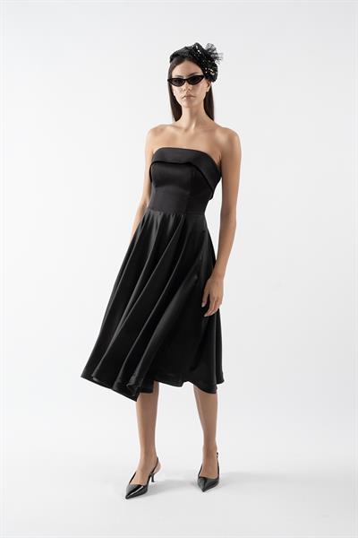 İvette Straplez Sırt Çapraz Bağcıklı Kloş Kısa Abiye Elbise SİYAH