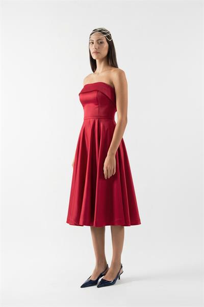 İvette Straplez Sırt Çapraz Bağcıklı Kloş Kısa Abiye Elbise BORDO