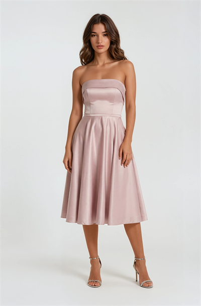 İvette Straplez Sırt Çapraz Bağcıklı Kloş Kısa Abiye Elbise PUDRA