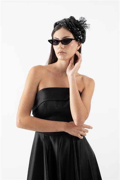 İvette Straplez Sırt Çapraz Bağcıklı Kloş Kısa Abiye Elbise SİYAH