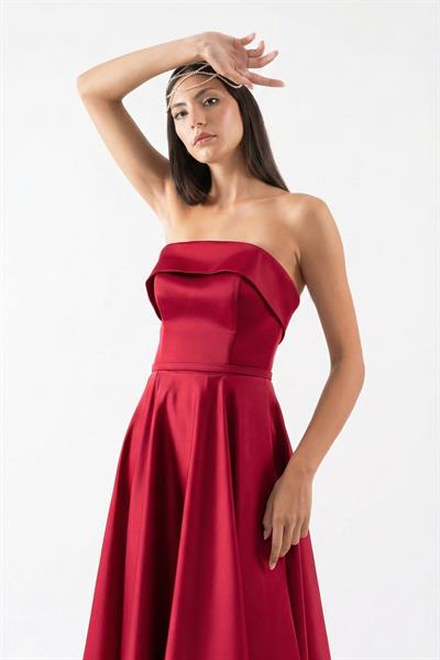 İvette Straplez Sırt Çapraz Bağcıklı Kloş Kısa Abiye Elbise BORDO