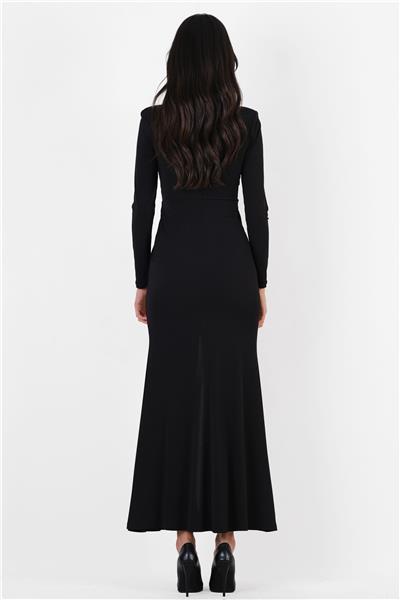 İvonetto V Yaka Saten Kuşaklı Büzgülü Yırtmaçlı Uzun Abiye Elbise SİYAH