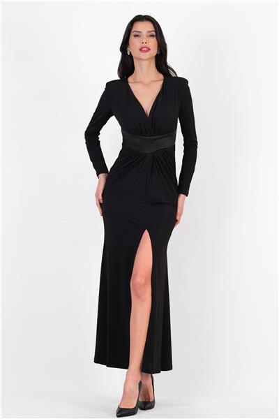 İvonetto V Yaka Saten Kuşaklı Büzgülü Yırtmaçlı Uzun Abiye Elbise SİYAH