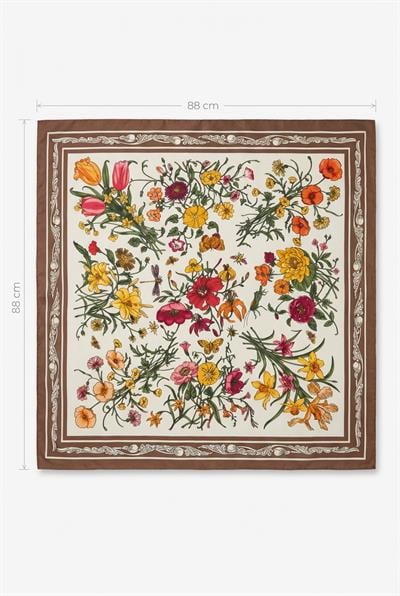 Kahverengi Çiçek Desenli 88x88 Kare Eşarp KAHVE