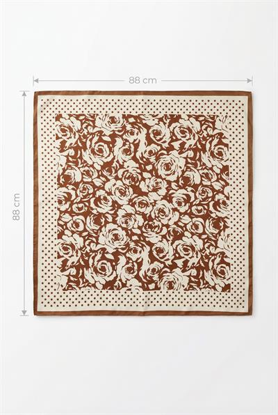 Kahverengi Gül Desenli 88x88 Kare Eşarp KAHVE