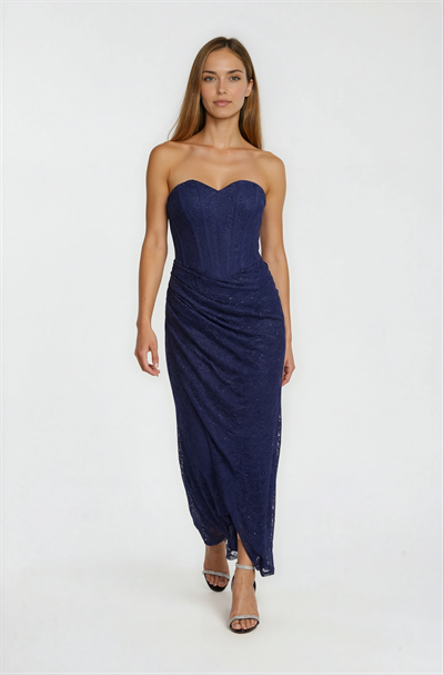 Kalp Yaka Büstiyerli Dantel Abiye LACİVERT