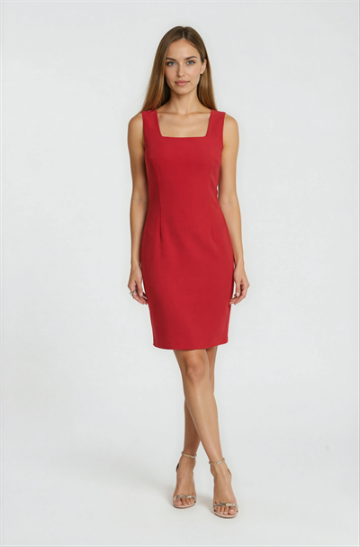 Kare Yaka Klasik Elbise KIRMIZI