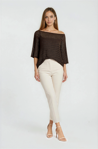 Kayık Yaka Delikli Merserize Triko KAHVE