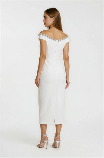 Kayık Yaka Taş İşlemeli Midi Abiye Elbise EKRU