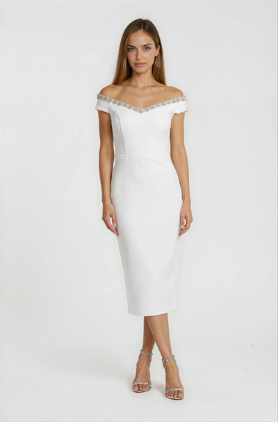 Kayık Yaka Taş İşlemeli Midi Abiye Elbise EKRU