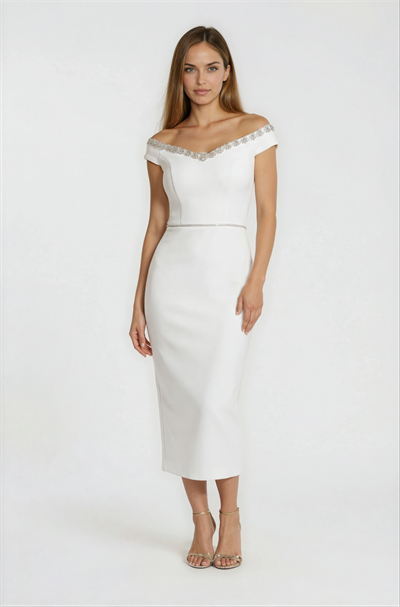 Kayık Yaka Taş İşlemeli Midi Abiye Elbise EKRU