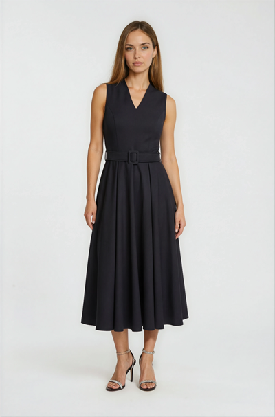 Kloş V Yaka Kemer Detaylı Midi Elbise SİYAH