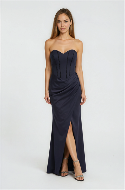 Korse Detaylı Kalp Yaka Drapeli Uzun Abiye Elbise SİYAH