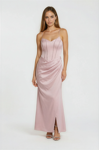 Korse Detaylı Kalp Yaka Drapeli Uzun Abiye Elbise PUDRA