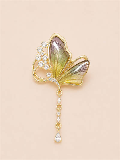 Kristal Taşlı Kelebek Sallantılı Broş 7 cm YEŞİL