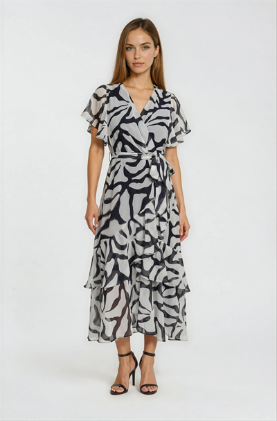 Kruvaze Yaka Eteği Katkat Volanlı Elbise SİYAH