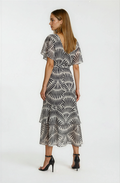 Kruvaze Yaka Eteği Volanlı Elbise SİYAH