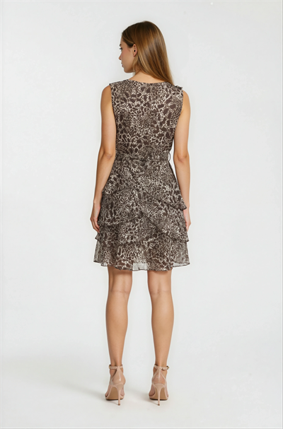 Kruvaze Yaka Etek Kat Kat  Volanlı Elbise KAHVE