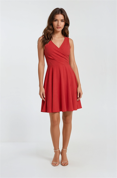 Kruvaze Yaka Mini Kloş Elbise KIRMIZI