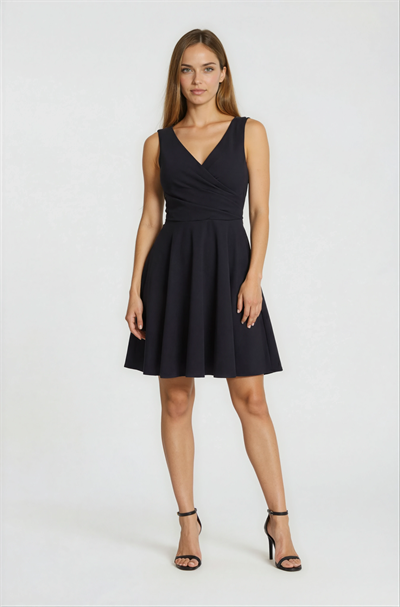 Kruvaze Yaka Mini Kloş Elbise SİYAH