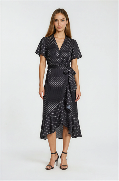 Kruvaze Yaka Puantiyeli Volanlı Midi Elbise SİYAH