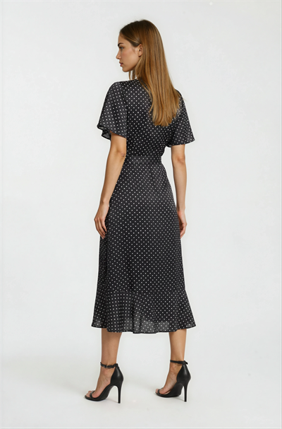 Kruvaze Yaka Puantiyeli Volanlı Midi Elbise SİYAH