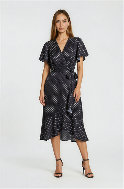 Kruvaze Yaka Puantiyeli Volanlı Midi Elbise SİYAH