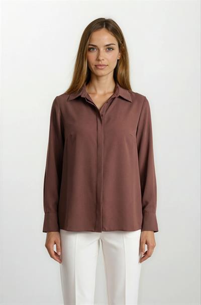 Lluvy Uzun Kollu Gizli Pat Düğmeli Bluz KAHVE