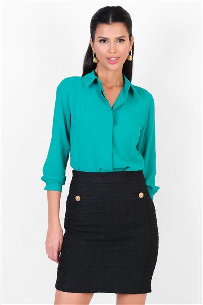 Lluvy Uzun Kollu Gizli Pat Düğmeli Bluz ZÜMRÜT