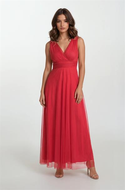 Margaritaı Kruvaze Beli Drapeli Uzun Abiye Elbise KIRMIZI