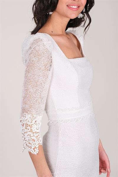 Martines Kare Yaka Güpürlü Kısa Abiye Elbise BEYAZ