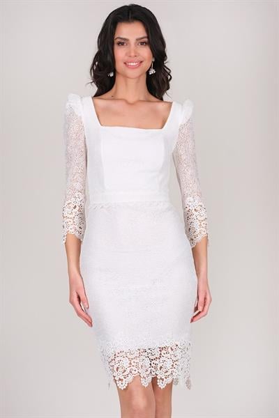 Martines Kare Yaka Güpürlü Kısa Abiye Elbise BEYAZ