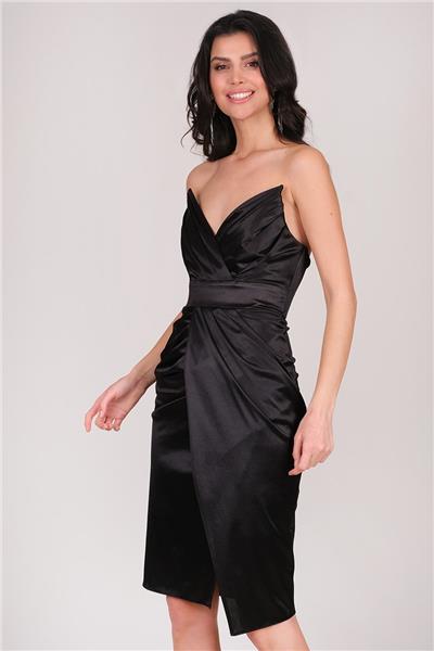 Minella Straplez Pileli Kısa Abiye Elbise SİYAH