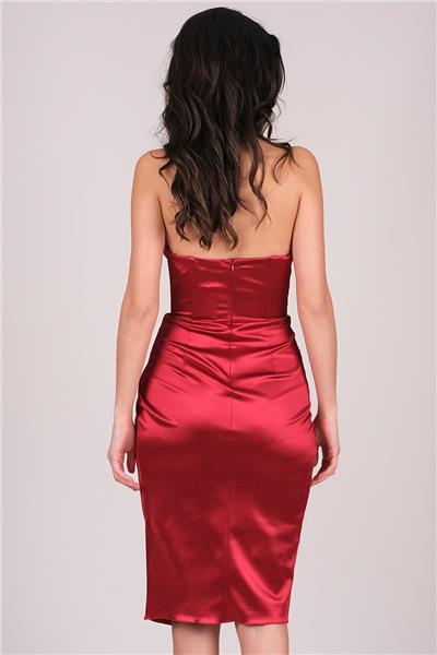 Minella Straplez Pileli Kısa Abiye Elbise KIRMIZI