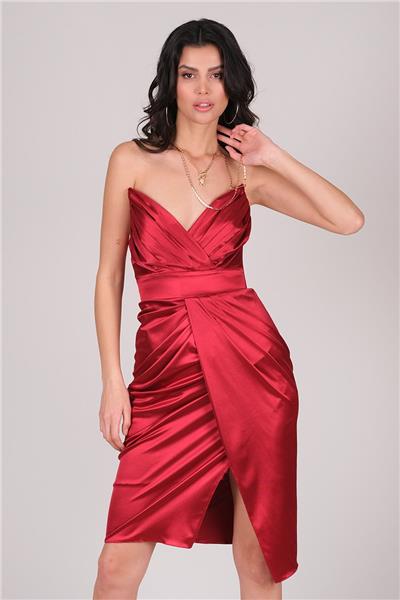 Minella Straplez Pileli Kısa Abiye Elbise KIRMIZI