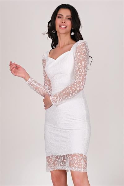 Mirocleto Kalp Yaka Tül Kısa Abiye Elbise BEYAZ