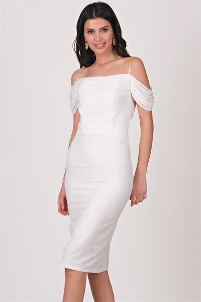 Mirro Piliseli Düşük Kol İnci Detaylı Midi Abiye Elbise EKRU