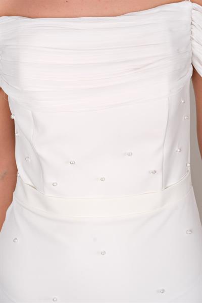 Mirro Piliseli Düşük Kol İnci Detaylı Midi Abiye Elbise EKRU