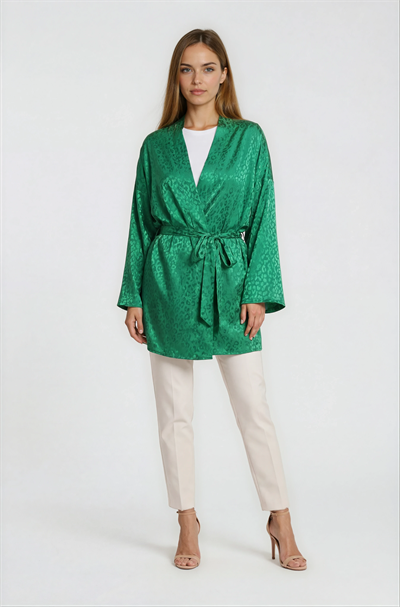 Misiana Leopar Jakarlı Kimono YEŞİL
