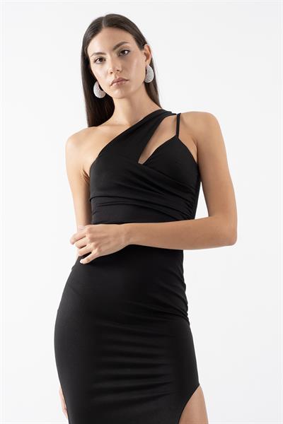 Naomi Tek Kol Yırtmaçlı Uzun Abiye Elbise SİYAH