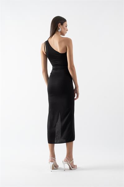 Naomi Tek Kol Yırtmaçlı Uzun Abiye Elbise SİYAH