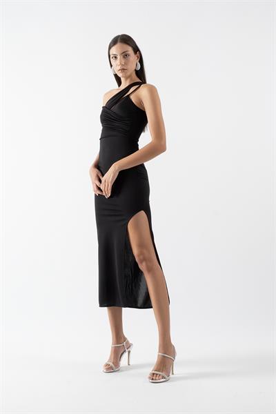 Naomi Tek Kol Yırtmaçlı Uzun Abiye Elbise SİYAH