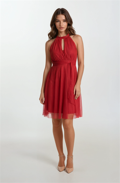Narcisio Damla Yaka Kloş Kısa Abiye Elbise KIRMIZI
