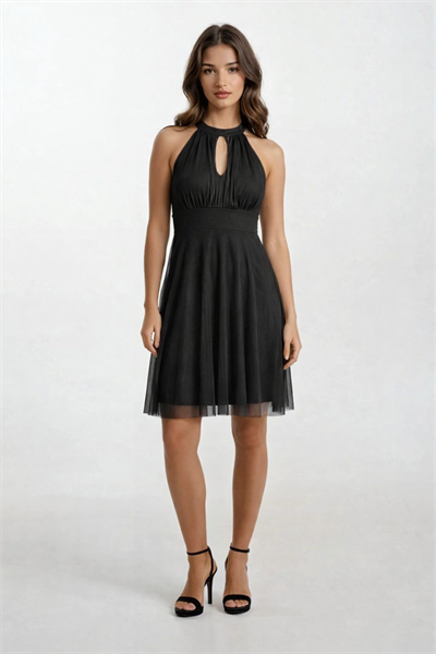 Narcisio Damla Yaka Kloş Kısa Abiye Elbise SİYAH