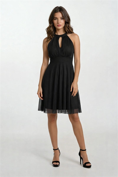 Narcisio Damla Yaka Kloş Kısa Abiye Elbise SİYAH