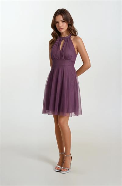 Narcisio Damla Yaka Kloş Kısa Abiye Elbise LİLA