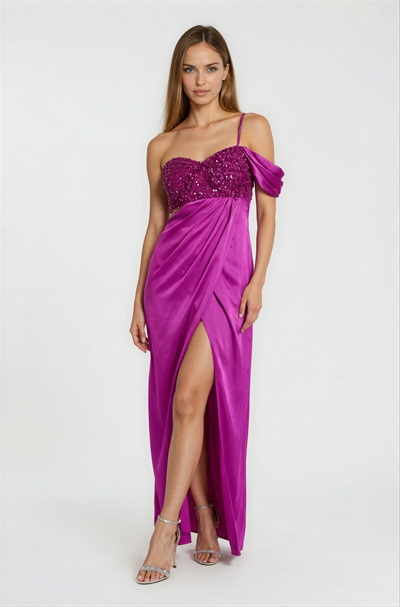 Nazaro Kalp Yaka Tek Askılı Beli Transparan Uzun Abiye Elbise FUŞYA