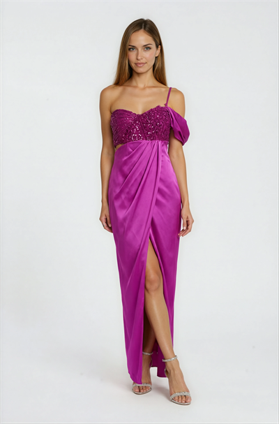 Nazaro Kalp Yaka Tek Askılı Beli Transparan Uzun Abiye Elbise FUŞYA