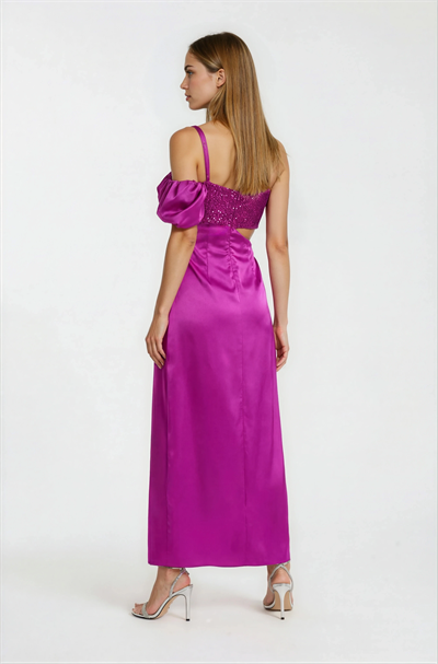Nazaro Kalp Yaka Tek Askılı Beli Transparan Uzun Abiye Elbise FUŞYA