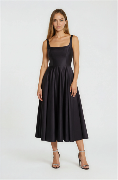 Nema Sırtı Çapraz Bağlamalı U Yaka Midi Abiye Elbise SİYAH